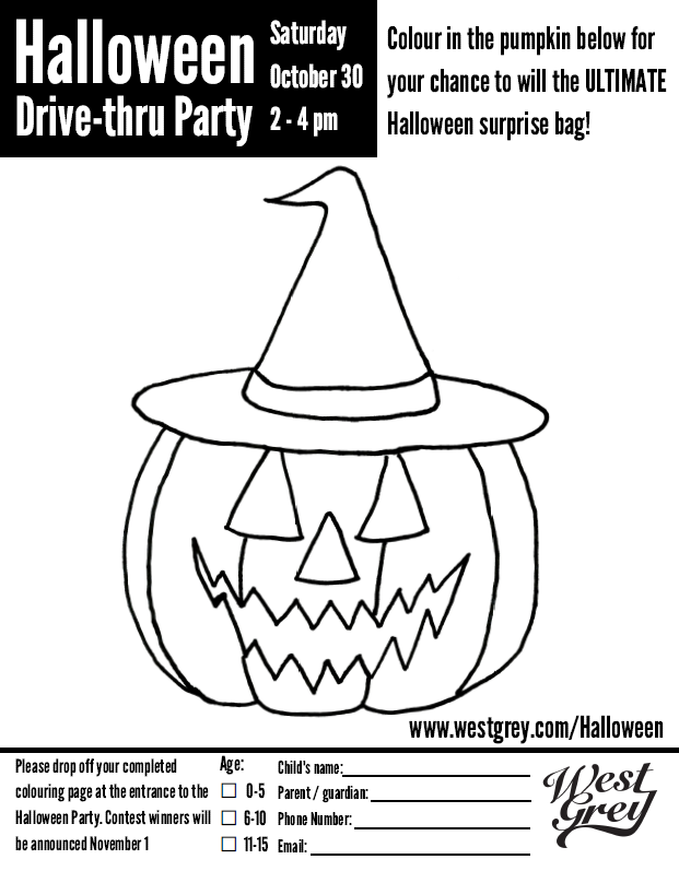 Image of Halloween drive-thru colouring sheet with smiling pumpkin wearing a witches hat